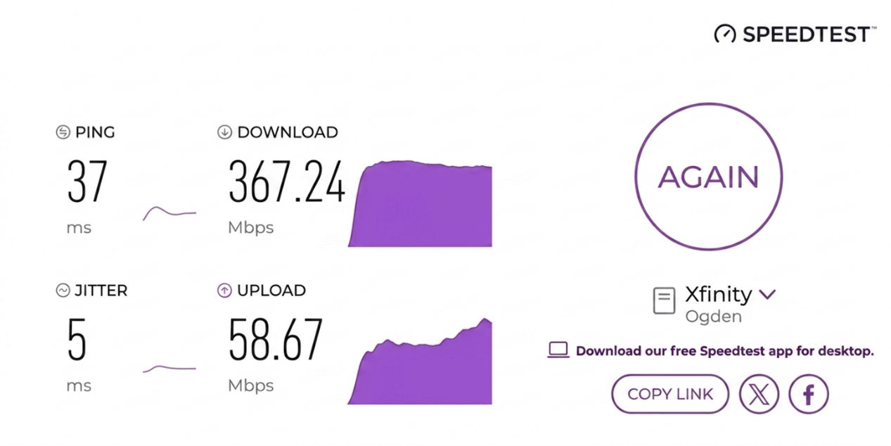 verified speed test result from a Xfinity user in Ogden, UT