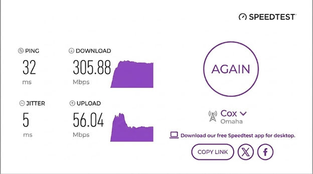 verified speed test result from a Cox internet user in Omaha, NE