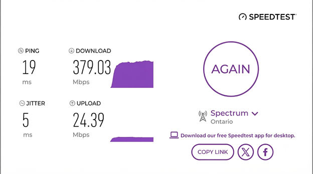 verified speed test result from a Spectrum user in Ontario, CA