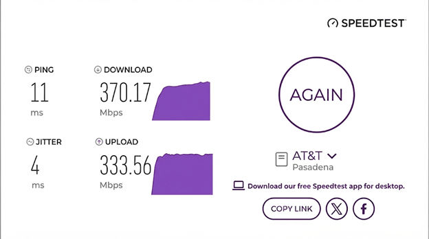 verified speed test result from a an AT&T Fiber user in Orange, CA