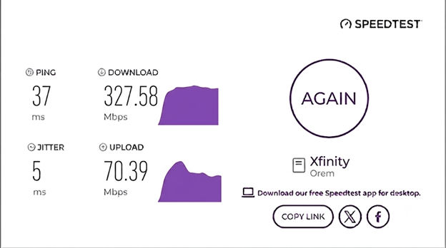 verified speed test result from an Xfinity user in Orem, UT