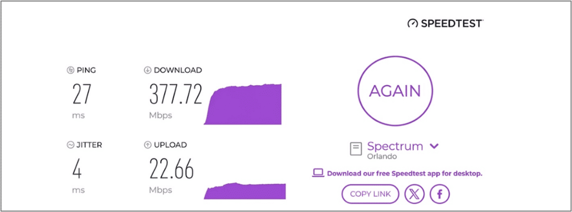 verified speed test result from a Spectrum Internet user in Orlando, FL