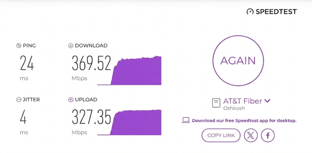 verified speed test result from an AT&T Fiber user in Oshkosh, WI