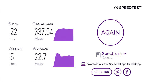 verified speed test from a Spectrum user in Oxnard