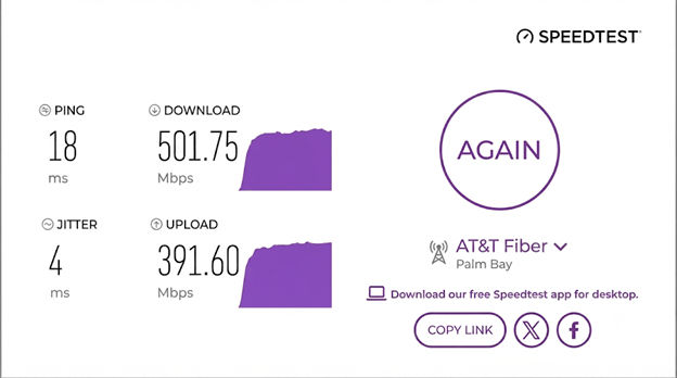 verified speed test result from an AT&T Fiber user in Palm Bay, FL