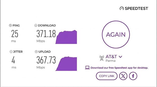verified speed test result from an AT&T Fiber user in Parma, OH