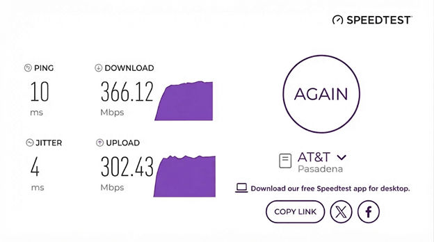 verified speed test result from a an AT&T Fiber user in Pasadena, CA