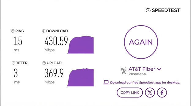verified speed test result of an AT&T Fiber user in Pasadena, TX
