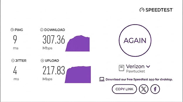 verified speed test result from a Verizon Fios user in Pawtucket, RI