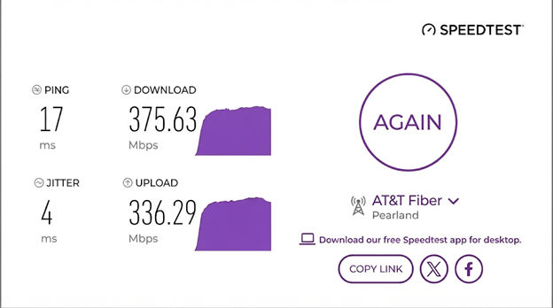 verified speed test result of an AT&T Fiber user in Pearland, TX