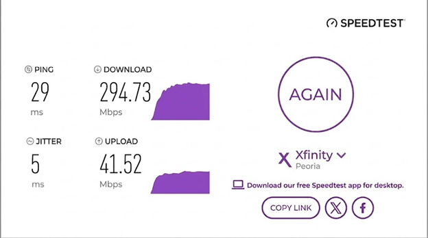 verified speed test result from an Mediacom user in Peoria, IL