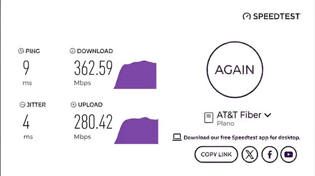 verified speed test result from an AT&T Fiber Internet user in Plano, TX