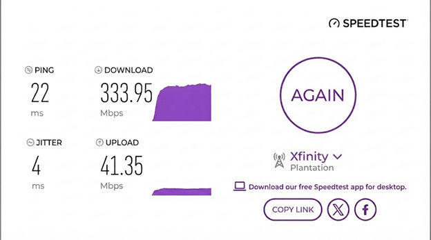verified speed test result of an Xfinity user in Plantation, FL