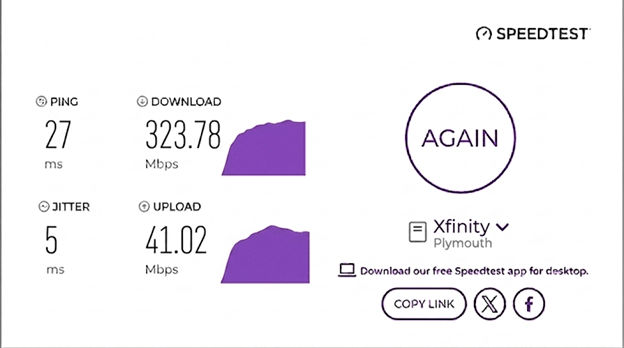 verified speed test result from an Xfinity Internet user in Plymouth, MN