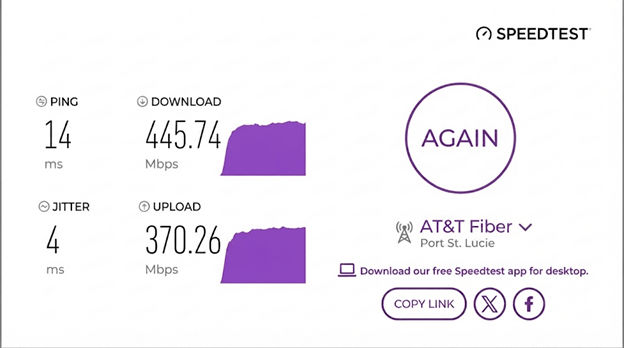 verified speed test result from an AT&T Fiber user in Port St. Lucie, FL