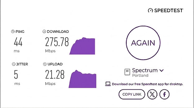 verified speed test result from a Spectrum user in Portland, ME