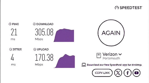 verified speed test result from a Verizon Fios user in Portsmouth, VA