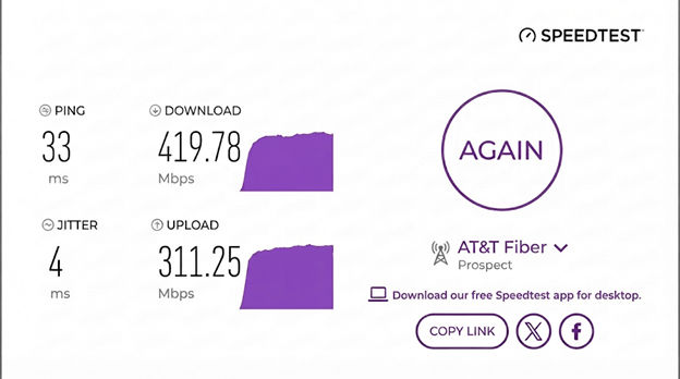 verified speed test from an AT&T Fiber user in Prospect, KY