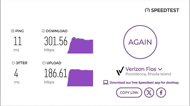 verified speed test from a Verizon Fios user in Providence, RI