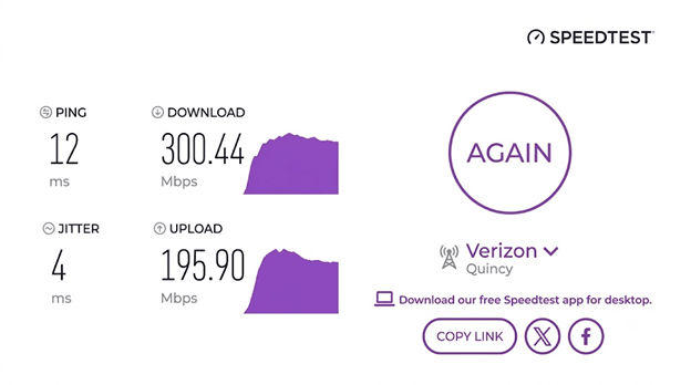 verified speed test result from a Verizon user in Quincy, MA