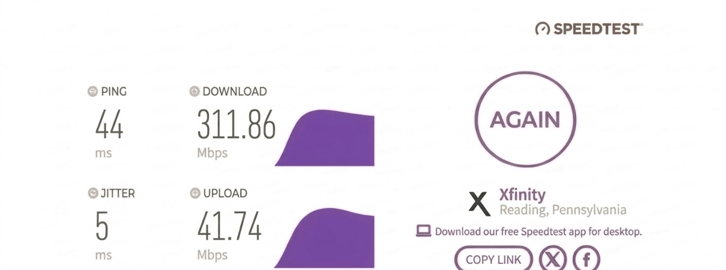 verified speed test result from an AT&T Fiber user in Reading, PA