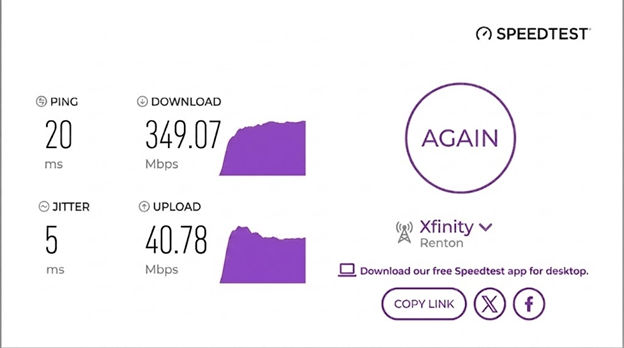 verified speed test result from an Xfinity Internet user in Renton, WA