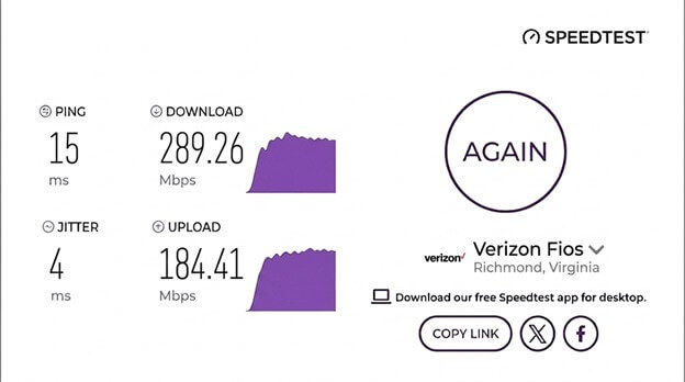 verified speed test result from a a Verizon Fios user in Richmond, VA