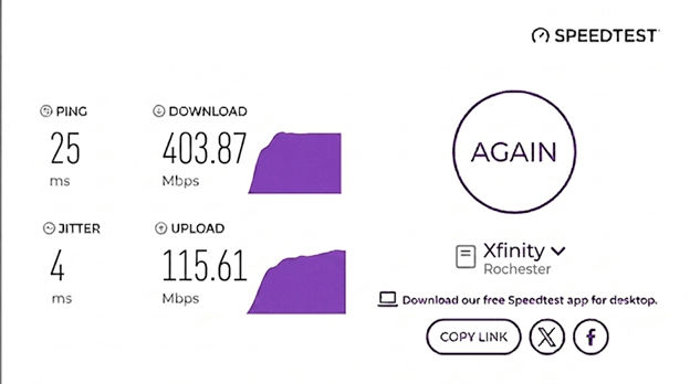 verified speed test result from an Xfinity user in Rochester, NH
