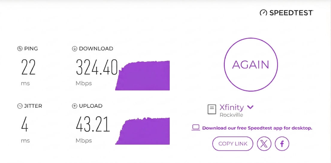 verified speed test result from an Xfinity Internet user in Rockville, MD