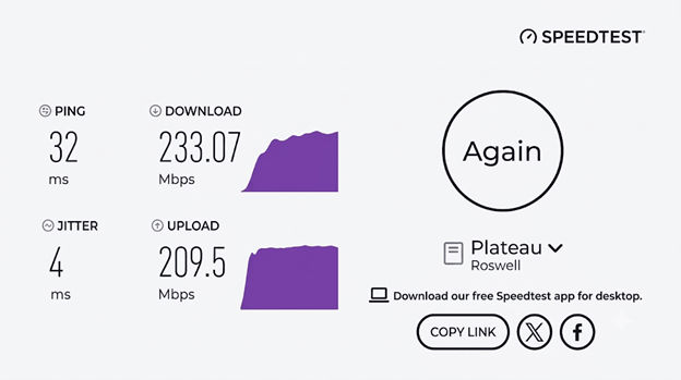 verified speed test result from a Plateau user in Roswell, NM