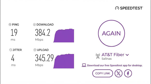verified speed test result of an AT&T Fiber user in Salinas, CA