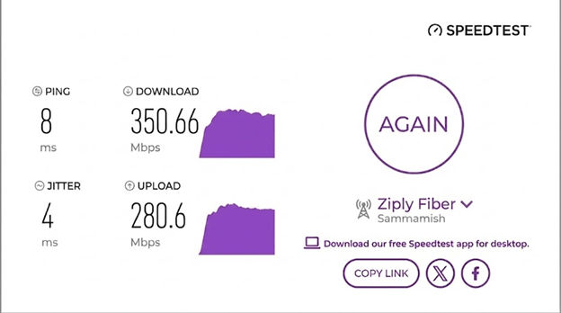verified speed test result from a Ziply Fiber user in Sammamish, WA