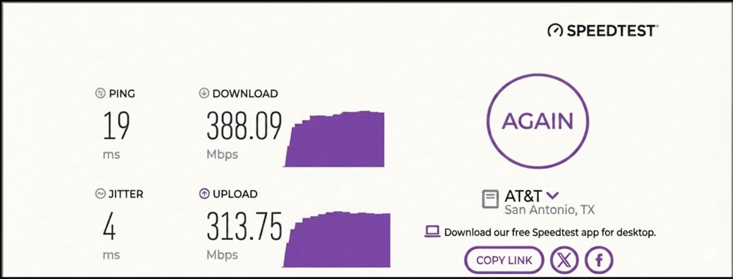 verified speed test result from an AT&T user in San Antonio, TX
