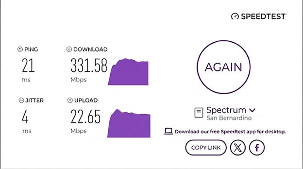 verified speed test from a Spectrum user in San Bernardino