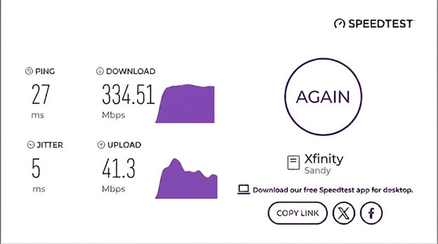 verified speed test result from an Xfinity user in Sandy, UT