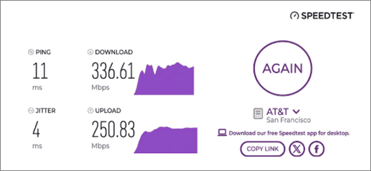 verified speed test result from an AT&T Internet user in San Francisco, CA
