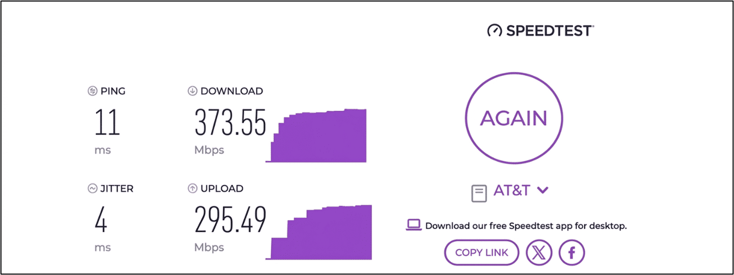 verified speed test result from an AT&T user in San Jose, CA