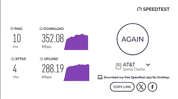 verified speed test from an AT&T Fiber user in Santa Clarita