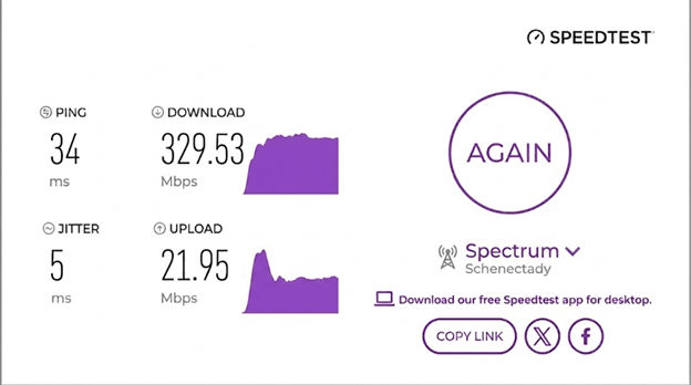 verified speed test result from a Spectrum user in  Schenectady, NY