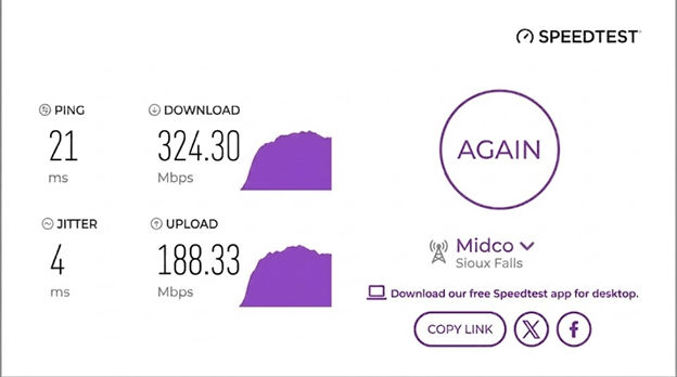 verified speed test result from a Midco fiber internet user in Sioux Falls, SD