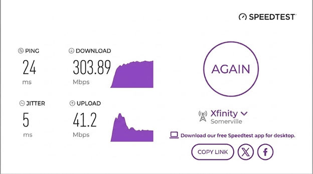 verified speed test result from an Xfinity user in Somerville, MA