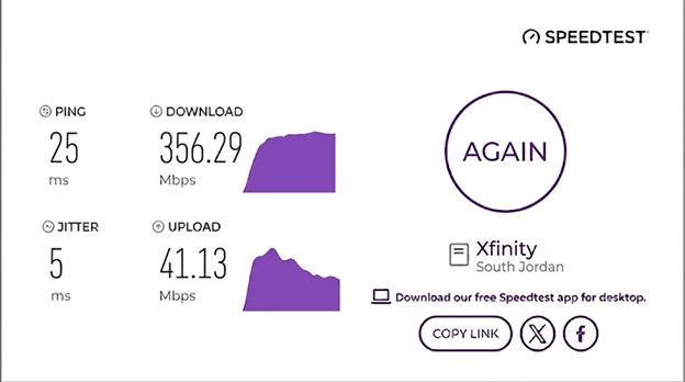 verified speed test result from an Xfinity user in South Jordan, UT