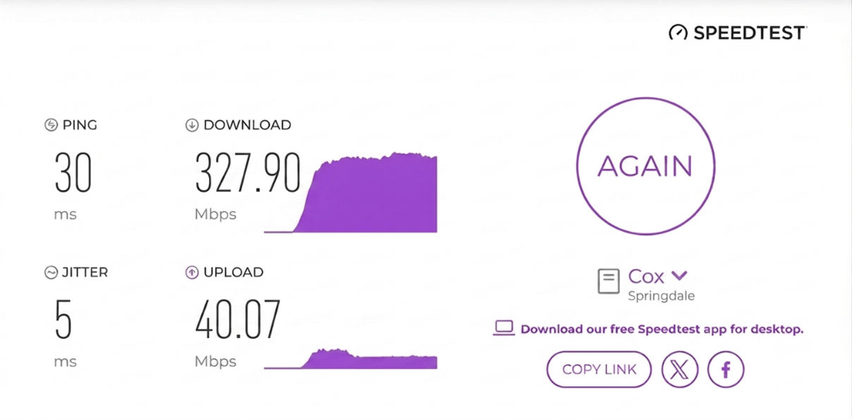 verified speed test result from a Cox user in Springdale, AR