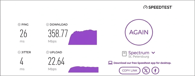 verified speed test result from an user in St. Petersburg, FL