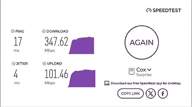 verified speed test result from a Cox Internet user in Surprise, AZ