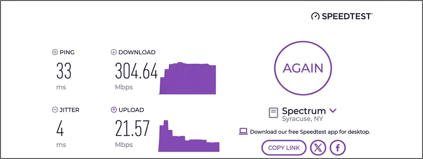 verified speed test result from a Spectrum user in Syracuse, NY