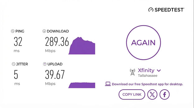 verified speed test result from an Xfinity Internet user in Tallahassee, FL