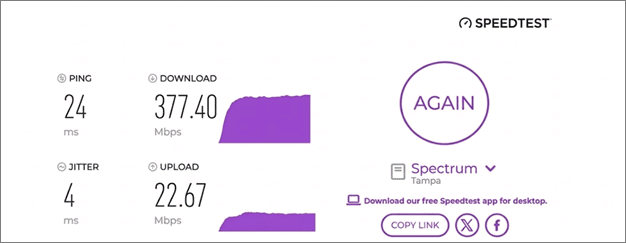verified speed test result from a Spectrum Internet user in Tampa, FL