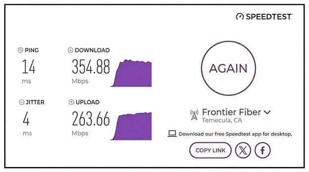 verified speed test result from a a Frontier Fiber user in Temecula, CA