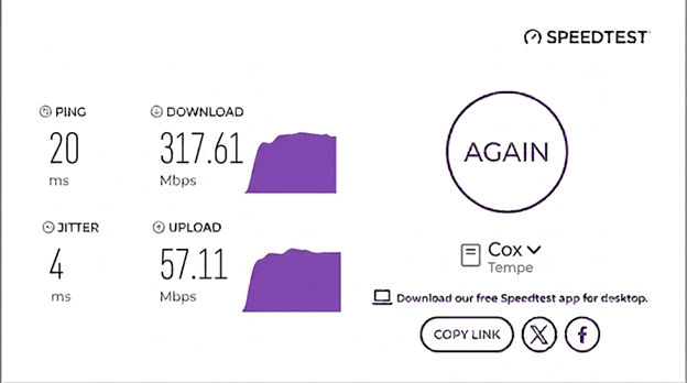 verified speed test result from a Cox Internet user in Tempe, AZ